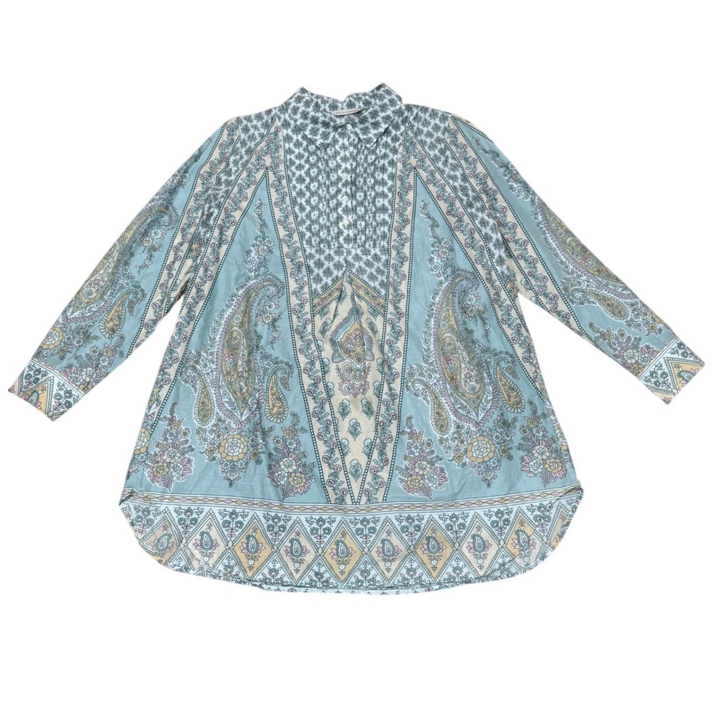 Soft Surroundings Tabitha Paisley Cotton Floral Pleated Tunic Top L Large‎ Light